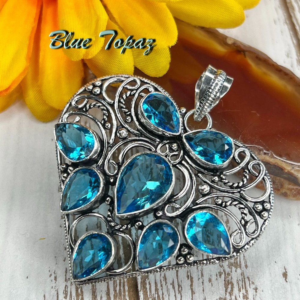 Heart Pendant Blue Topaz Large Handmade Statement 924 Stamped Bohemian Sparkler - Picture 7 of 7